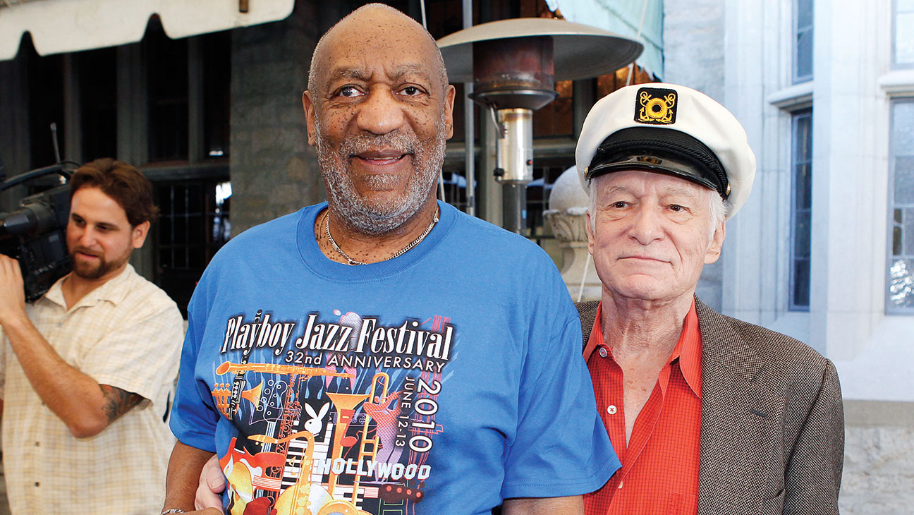 Playboy Magazine founder Hefner and actor Cosby arrive at a news conference for the upcoming Playboy Jazz Festival, at the Playboy Mansion in Los Angeles